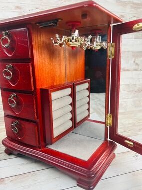 Vintage style jewelry box, cherry finish necklace ring holder, storage, gift her